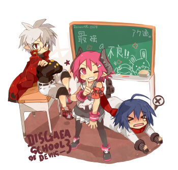 &gt;_&lt; 1girl 2boys absurdres almaz_von_almadine_adamant artist_name blue_hair closed_eyes crossed_arms danom-ko disgaea fang glasses highres horns makai_senki_disgaea_3 mao_(disgaea) multiple_boys open_mouth pink_eyes pink_hair raspberyl red_eyes round_eyewear shadow sidelocks simple_background speech_bubble white_hair