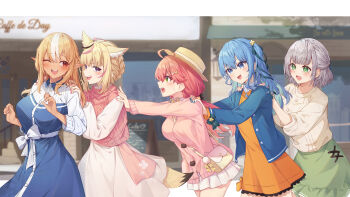 5girls absurdres ahoge animal_ears bag between_breasts blonde_hair blue_dress blue_eyes blue_hair blue_jacket blue_nails bow braid breasts cafe cardigan casual dark-skinned_female dark_skin dress fox_ears fox_girl fox_tail french_braid green_bow green_eyes green_ribbon green_skirt grey_hair hair_intakes hair_ornament hair_ribbon hairclip hand_on_another's_shoulder highres hololive hoshimachi_suisei jacket large_breasts lineup long_hair looking_at_another low_ponytail multicolored_hair multiple_girls nail_polish omaru_polka one_eye_closed one_side_up open_mouth orange_dress outdoors pink_cardigan pink_hair pink_nails pink_sweater pleated_skirt pointy_ears ponytail purple_eyes queue red_eyes ribbon sakura_miko shiranui_flare shirogane_noel shirt short_hair shoulder_bag skirt smile star_(symbol) star_hair_ornament strap_between_breasts streaked_hair sweater tail tang-du teeth upper_teeth_only virtual_youtuber waist_bow white_dress white_hair white_shirt white_sweater