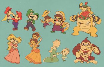 6+boys 6+girls :d ^_^ angry aqua_background aqua_dress arm_up armlet arms_up baby baby_bowser baby_daisy baby_donkey_kong baby_luigi baby_mario baby_peach baby_rosalina baby_wario banana blonde_hair blue_eyes blue_overalls blue_pants bowser bracelet brooch brown_eyes brown_footwear brown_hair cape carrying claws cleft_chin clenched_hands clenched_teeth closed_eyes closed_mouth collar commentary_request crown donkey_kong dress earrings eating elbow_gloves eye_contact eyelashes facial_hair flower_earrings food fruit gloves green_footwear green_headwear green_shirt hat highres holding holding_food holding_fruit holding_hands holding_wand horns jewelry lips long_hair long_sleeves looking_at_another luigi magnet mario mario_(series) mario_kart mario_kart_8 mario_kart_wii multiple_boys multiple_girls mustache necktie nintendo open_mouth orange_dress overalls pacifier pants piggyback pink_dress pointy_ears princess_daisy princess_peach profile puffy_short_sleeves puffy_sleeves purple_overalls purple_pants red_eyes red_hair red_headwear red_necktie red_shirt rinabee_(rinabele0120) rosalina sharp_teeth shirt shoes short_hair short_sleeves shoulder_carry simple_background sitting smile sphere_earrings spiked_armlet spiked_bracelet spiked_collar spiked_shell spikes star_(symbol) star_brooch star_earrings star_wand swept_bangs teeth time_paradox topknot turtle_shell upper_teeth_only v-shaped_eyebrows walking wand wario white_gloves yellow_cape yellow_headwear yellow_shirt yoshi&#039;s_island_ds