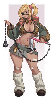 Rule 34 | 1girl, absurdres, animal print, bandaid, bandaid on leg, blonde hair, bra, breasts, brown eyes, brown shoes, commentary, cropped jacket, dark-skinned female, dark skin, earrings, english commentary, eyepatch, flail, full body, green jacket, gyaru, highres, holding, holding weapon, jacket, jewelry, kusarigama, large breasts, leopard print, long hair, long sleeves, looking at viewer, mace, multicolored hair, navel, navel piercing, open clothes, open jacket, original, pearl earrings, piercing, pink hair, riz, shoes, sickle, side ponytail, skirt, socks, solo, spiked mace, spikes, standing, underwear, weapon
