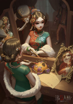 1girl 2boys :d absurdres animal_ear_footwear bead_bracelet bead_necklace beads black_hair black_headwear black_jacket bracelet braid button_eyes buttons chen_zhang china_dress chinese_clothes curtains different_reflection dress earrings eyeshadow fan_wujiu fan_wujiu_(flying_guillotine) feather_boa flats floral_print flower folded_fan folding_fan full_body glasses gloves green_dress hair_bun hair_flower hair_ornament hair_stick hand_fan hat highres holding holding_fan hollow_eyes identity_v jacket jade_(gemstone) jewelry lace lace_gloves leaning_forward lipstick makeup michiko_(identity_v) michiko_(lady_thirteen)_(identity_v) multiple_boys necklace norton_campbell open_mouth pants paper parted_bangs pearl_earrings pearl_necklace red_eyes red_eyeshadow red_hair red_jacket red_pants reflection round_eyewear shirt short_hair single_braid single_hair_bun sitting slit_pupils smile solid_eyes standing stool table tangzhuang tassel teeth unworn_hat unworn_headwear upper_body vanity_table whispering white_gloves white_shirt wu_chang xie_bi&#039;an xie_bi&#039;an_(flying_guillotine) xie_bian