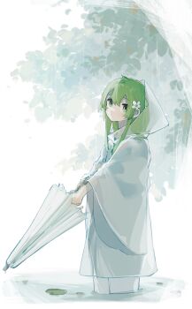 1other absurdres androgynous chinese_commentary commentary_request enkidu_(fate) fate/grand_order fate_(series) flower green_eyes green_hair hair_between_eyes hair_flower hair_ornament highres holding holding_umbrella long_hair other_focus pond rain raincoat see-through_clothes see-through_raincoat sili5291 solo umbrella wading water white_raincoat