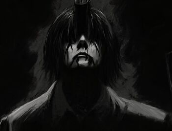 Rule 34 | 1boy, absurdres, black background, black coat, black hair, blood, blood from mouth, chainsaw man, closed mouth, coat, covered eyes, crain1art, dark, facing viewer, greyscale, gun devil (chainsaw man), hayakawa aki, highres, male focus, medium hair, monochrome, portrait, solo