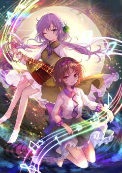 2girls barefoot biwa_lute black_skirt breasts brown_eyes brown_hair commentary_request dress flower frilled_skirt frills hair_flower hair_ornament hairband instrument kazu_(muchuukai) long_hair long_sleeves looking_at_viewer lute_(instrument) multiple_girls musical_staff one_eye_closed open_mouth purple_eyes purple_hair purple_hairband shirt short_hair siblings sisters skirt small_breasts smile toes touhou tsukumo_benben tsukumo_yatsuhashi white_shirt yellow_dress