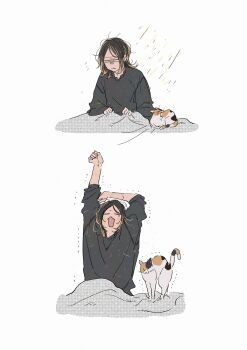 :< absurdres animal arms_up black_hair black_shirt blank_eyes blonde_hair blush calico_(pattern) calico_cat cat closed_mouth commentary_request crew_neck haikyuu!! hair_behind_ear highres kozume_kenma long_sleeves multiple_views o_(o_jpi7) open_mouth sequential shirt simple_background sitting stretching under_covers waking_up white_background yawning