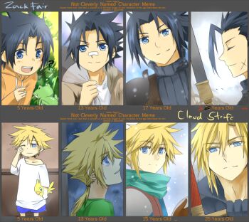 00s 1990s_(style) 2boys ? age_difference alternate_costume alternate_hairstyle bandaid black_hair blonde_hair blue_eyes character_name chocobo cloud_strife crisis_core:_final_fantasy_vii english_text final_fantasy final_fantasy_vii final_fantasy_vii:_advent_children frog male_focus meme meru multiple_boys one_eye_closed open_mouth ponytail scar smile spiked_hair spoilers sword weapon wink aged_down zack_fair