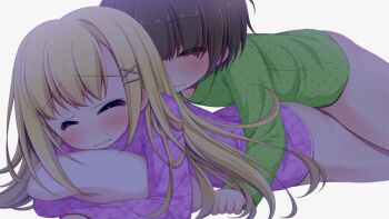 1boy 1girl aoi_aruma blonde_hair blush bottomless boy_on_top brown_hair claudia_nimbus_(jissai_no_tokoro) closed_eyes closed_mouth clothed_sex embarrassed from_side game_cg green_pajamas grey_background hair_between_eyes hair_ornament hair_over_eyes hairclip hugging_object implied_sex jissai_no_tokoro large_variant_set long_bangs long_hair long_sleeves lying lying_on_person on_stomach pajamas pillow pillow_hug pink_pajamas polka_dot polka_dot_shirt prone_bone sex sex_from_behind shirt short_hair sidelocks simple_background tareme third-party_source vaginal variant_set very_long_hair x_hair_ornament yorino_shizuru_(jissai_no_tokoro)