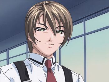 00s 2002 animated animated_gif bible_black bible_black_gaiden brown_hair green_eyes necktie school school_uniform shido_saki shirt short_hair smile suspenders tagme white_shirt