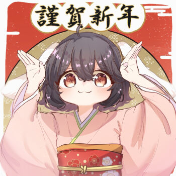 1girl :3 ahoge alternate_costume animal_ears black_hair blush brown_eyes chinese_zodiac closed_mouth commentary_request egasumi flat_chest floppy_ears floral_print hair_between_eyes inaba_tewi japanese_clothes kimono looking_at_viewer nail_polish obi ozawasan0930 pink_kimono pink_nails print_sash rabbit_ears rabbit_girl rabbit_pose red_sash sash short_hair smile solo touhou upper_body wavy_hair year_of_the_rabbit