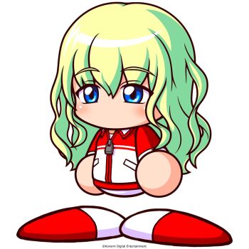 1girl artist_request blonde_hair blue_eyes commentary_request copyright_notice green_hair jacket jikkyou_powerful_pro_yakyuu jikkyou_powerful_pro_yakyuu_(style) long_hair multicolored_hair multicolored_jacket multicolored_shoes no_mouth official_art pants power_pro_appli rayman_limbs red_jacket red_shoes shirt shoes solo sugami_eku track_jacket two-tone_shoes white_background white_jacket white_pants white_shirt white_shoes