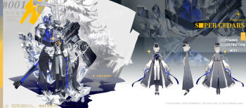 1boy black_wings boots cape capelet coat english_text feathered_wings full_body grey_coat grey_hair hair_ornament hair_over_one_eye hat highres liulianjingrua multiple_views open_clothes open_coat original pants reference_sheet ribbon short_hair standing vest weapon white_pants wings