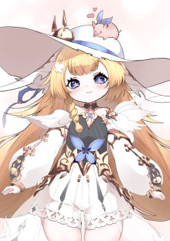 1girl absurdres animal blonde_hair blue_eyes braid commentary_request cropped_legs detached_sleeves dress duet_night_abyss floppy_hat hat heart highres long_hair long_sleeves looking_at_viewer pig pink_background simple_background smile standing star-shaped_pupils star_(symbol) sun_hat symbol-shaped_pupils takashi_san truffle_(duet_night_abyss) very_long_hair white_dress white_hat