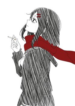 1girl arm_at_side black_hair cigarette closed_mouth commentary_request crying crying_with_eyes_open enpera from_side frown hair_ornament hairclip holding holding_cigarette kagerou_project long_hair long_sleeves looking_up monochrome partial_commentary pleated_skirt profile red_scarf sad sailor_collar scarf scarletopantyu school_uniform serafuku shirt simple_background skirt solo spot_color tateyama_ayano tears white_background