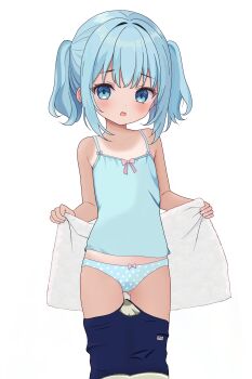 1girl absurdres aqua_eyes aqua_hair aqua_panties blush bow bow_panties clothes_pull female_focus highres holding holding_towel loli looking_at_viewer one-piece_swimsuit one-piece_swimsuit_pull open_mouth original panties pink_bow polka_dot polka_dot_panties shirt solo standing swimsuit tan tanline totorin7124 towel twintails underwear white_background