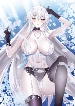 1girl absurdres artoria_pendragon_(fate) artoria_pendragon_(lancer_alter)_(fate) artoria_pendragon_(royal_icing)_(fate) artoria_pendragon_(royal_icing)_(fate)_(cosplay) babydoll bare_shoulders black_gloves black_thighhighs blue_babydoll blush breasts choker cleavage cosplay fate/grand_order fate_(series) garter_belt gloves grey_hair heiyu_corleone highres jeanne_d&#039;arc_alter_(fate) jewelry large_breasts long_hair looking_at_viewer necklace pelvic_curtain see-through_clothes snowflake_print solo thighhighs very_long_hair yellow_eyes