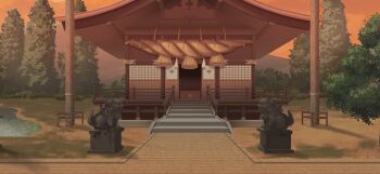 architecture box donation_box east_asian_architecture game_cg komainu lake moriya_shrine no_humans non-web_source official_art onbashira outdoors path road rope scenery shimenawa shrine stairs touhou touhou_gensou_eclipse tree twilight
