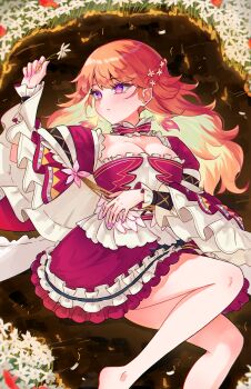 1girl alternate_costume bare_legs barefoot breasts cleavage closed_mouth commentary dress english_commentary flower frilled_dress frills green_hair hair_flower hair_ornament highres holding holding_flower hololive hololive_english large_breasts long_hair long_sleeves looking_to_the_side lying magui3 multicolored_hair on_back orange_hair purple_eyes red_dress solo takanashi_kiara virtual_youtuber white_flower