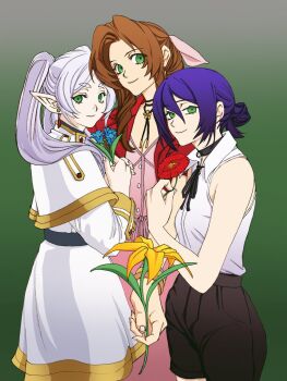 3girls aerith_gainsborough bangle bare_arms bare_shoulders belt black_belt black_choker black_ribbon black_shorts blue_flower blue_hair bracelet braid braided_ponytail breasts brown_hair buttons capelet chainsaw_man choker cleavage closed_mouth collared_shirt cowboy_shot crossover dress earrings elf final_fantasy final_fantasy_vii final_fantasy_vii_remake flower flower_choker forget-me-not_(flower) frieren gerbera gold_trim green_background green_eyes grenade_pin hair_between_eyes hair_bun hair_over_shoulder hair_ribbon herzenreine highres holding holding_flower jacket jewelry lily_(flower) long_hair looking_at_viewer medium_breasts medium_hair multiple_girls neck_ribbon outstretched_hand parted_bangs pink_dress pink_ribbon pointy_ears red_flower red_jacket reze_(chainsaw_man) ribbon shirt shorts sidelocks single_braid skirt sleeveless sleeveless_shirt smile sousou_no_frieren thick_eyebrows twintails updo upper_body white_capelet white_jacket white_shirt white_skirt yellow_flower