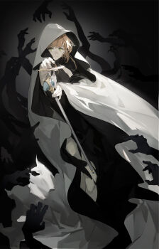 Rule 34 | 1girl, alternate costume, black background, black dress, brown hair, card, cardcaptor sakura, cloak, clow card, commentary, cosplay, disembodied hand, dress, english commentary, expressionless, fuuin no tsue, gloves, gradient background, green eyes, grey background, hand up, highres, holding, holding card, holding wand, hood, hood up, kinomoto sakura, looking at viewer, muted color, nine (liuyuhao1992), revision, shadow (clow card), shadow (clow card) (cosplay), short hair, simple background, sleeveless, sleeveless dress, solo, surrounded by hands, wand, white cloak, white gloves