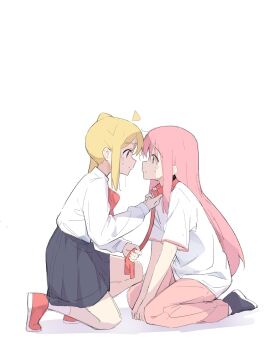 absurdres ahoge black_skirt blonde_hair blue_eyes bocchi_the_rock! bow bowtie collar commentary_request detached_ahoge gotoh_hitori highres holding holding_leash kke580 leash long_hair on_one_knee pants pink_hair pink_pants pleated_skirt red_bow red_bowtie red_eyes shirt side_ponytail skirt white_background white_shirt yuri