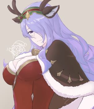 1girl alternate_costume animal_ears antlers bell breasts brown_capelet camilla_(fire_emblem) capelet christmas cleavage commentary deer_ears fake_animal_ears fake_horns fire_emblem fire_emblem_fates hair_over_one_eye highres horns jingle_bell large_breasts long_hair nintendo purple_eyes purple_hair reindeer_antlers santa_costume smile solo symbol-only_commentary ultrablueanya very_long_hair wavy_hair white_trim
