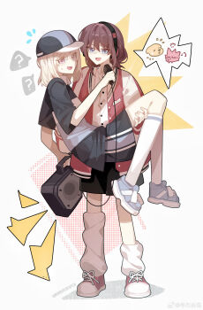 Rule 34 | 2girls, ?, absurdres, bang dream!, bang dream! it's mygo!!!!!, baseball cap, black shorts, blonde hair, blue eyes, brown hair, carrying, commentary, crossover, genre connection, girls band cry, grey shirt, haobuguniao, hat, headphones, highres, instrument connection, iseri nina, jacket, kneehighs, medium hair, misumi uika, multiple girls, open mouth, princess carry, purple eyes, red jacket, red shoes, shirt, shoes, short hair, shorts, socks, speaker, symbol-only commentary, white socks