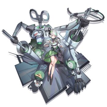 absurdres adapted_costume black_shoes black_skirt bow_(music) braid cecilia_immergreen cecilia_immergreen_(1st_costume) closed_mouth colored_inner_hair detached_sleeves doll doll_joints double-parted_bangs full_body green_eyes green_hair green_skirt grey_hair hair_between_eyes hair_ornament high-low_skirt highres holding holding_bow_(music) holding_instrument holding_violin hololive hololive_english instrument joints layered_skirt long_sleeves multicolored_hair newbie_(newbie_132) one_eye_closed otomo_(cecilia_immergreen) puffy_long_sleeves puffy_sleeves robot romper see-through_clothes see-through_skirt shoes short_hair side_braid simple_background single_braid skirt streaked_hair violin virtual_youtuber white_background white_romper white_sleeves winding_key