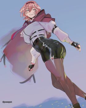 Rule 34 | 1girl, :d, ascot, ass, black gloves, black hairband, black pantyhose, black shorts, blue eyes, breasts, chest harness, coat, coat on shoulders, commentary, crossed bangs, double-parted bangs, dress shirt, english commentary, feather-trimmed coat, fingerless gloves, gloves, grin, hair between eyes, hairband, harness, head wings, high-waist shorts, highres, hololive, large breasts, long legs, long sleeves, looking back, necktie, open mouth, pantyhose, pink hair, pink necktie, pink wings, pomuya, shirt, short hair, shorts, sleeve garter, smile, solo, takane lui, takane lui (1st costume), virtual youtuber, white ascot, white shirt, wings