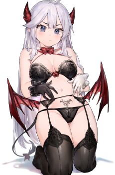 1girl absurdres ahoge asymmetrical_gloves bare_arms bare_shoulders black_bra black_gloves black_panties black_thighhighs blue_eyes bow bowtie bra breasts cleavage criss-cross_halter crotch_seam demon_girl demon_horns demon_tail demon_wings frown garter_belt gloves groin halterneck highres horns indie_virtual_youtuber kneeling large_breasts long_hair looking_at_viewer low_wings mismatched_gloves navel neonbeat no_shoes panties pointy_ears pout pubic_tattoo shadow simple_background skindentation solo stomach string_bra string_panties tail tail_bow tail_ornament tattoo thighhighs thighs underwear underwear_only v-shaped_eyebrows vei_(vtuber) vei_(4th_costume)_(vtuber) very_long_hair virtual_youtuber white_background white_gloves white_hair wings