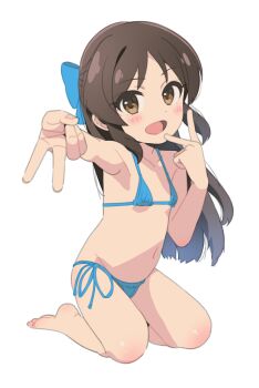 1girl :d barefoot bikini blue_bikini blue_bow blush bow brown_eyes brown_hair commentary_request double_v flat_chest full_body gyaru_v hair_bow highres idolmaster idolmaster_cinderella_girls kneeling loli long_hair looking_at_viewer navel open_mouth saeki_tatsuya side-tie_bikini_bottom simple_background smile solo string_bikini swimsuit tachibana_arisu v white_background