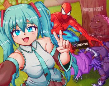 1boy 2girls :d adversarial_noise aqua_necktie aqua_trim artist_name bare_shoulders black_skirt black_sleeves blue_eyes blush bodysuit breasts button_prompt collarbone collared_shirt cross_promotion crossover day detached_sleeves english_text fallen_down fang fortnite gameplay_mechanics godzilla godzilla_(monsterverse) godzilla_(series) godzilla_evolved godzilla_x_kong:_the_new_empire gun hair_between_eyes hair_ornament hands_on_ground hatsune_miku highres holding holding_gun holding_weapon king_kong_(series) legendary_pictures long_hair looking_at_viewer m/ marvel medium_breasts monsterverse mrquessos multiple_crossover multiple_girls necktie open_mouth outdoors playstation_symbols pleated_skirt pump-action_shotgun pump_action raven_team_leader reaching reaching_towards_viewer remington_870 selfie shaka_sign shirt shotgun skirt smile spider-man spider-man_(series) tie_clip toho tree twintails v vocaloid watermark weapon white_shirt