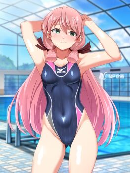 1girl akashi_(kancolle) arm_behind_head armpits black_one-piece_swimsuit blunt_tresses breasts competition_swimsuit contrapposto covered_navel facing_viewer glass_ceiling gluteal_fold green_eyes hair_ribbon indoors kantai_collection long_hair medium_breasts mizuno_(brand) multicolored_swimsuit north1220japan one-piece_swimsuit pink_hair pool pool_ladder presenting_armpit ribbon second-party_source smile solo swimsuit tirasi_(so) tress_ribbon