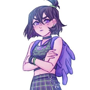 1girl backpack bag black_choker black_hair black_skirt black_tank_top byghostface choker crossed_arms danny_phantom hair_between_eyes looking_at_viewer midriff navel plaid_clothes plaid_skirt print_shirt purple_bag purple_eyes sam_manson shirt short_hair simple_background skirt solo tank_top white_background