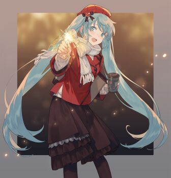 1girl alternate_costume bag beret bingdu_3927 black_pantyhose black_ribbon blazer blue_eyes blue_hair blurry blurry_background border breasts brown_skirt buttons cable_knit commentary contrapposto cup disposable_cup drinking_straw embers feet_out_of_frame fireworks frilled_skirt frills fringe_trim gem grey_border happy hat hat_ribbon hatsune_miku highres holding holding_cup holding_fireworks jacket lace lace-trimmed_skirt lace_trim light_blue_hair long_hair looking_at_viewer open_mouth outstretched_hand pantyhose plaid_clothes plaid_headwear pleated_skirt red_gemstone red_hat red_jacket ribbed_sweater ribbon scarf shoulder_bag side_slit sidelocks skirt small_breasts solo sparkler square sweater symbol-only_commentary tareme twintails very_long_hair vocaloid white_scarf white_sweater wing_collar winter_clothes