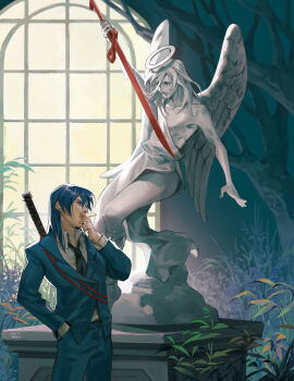 2boys absurdres angel_devil_(chainsaw_man) angel_statue angel_wings black_necktie blue_hair blue_jacket blue_pants blue_suit chainsaw_man cigarette collared_shirt formal_clothes hair_between_eyes halo hand_in_pocket hayakawa_aki highres holding holding_cigarette holding_sword holding_weapon jacket long_hair male_focus medium_hair multiple_boys necktie pants plug_(piercing) shirt smoking statue suit suit_jacket sword weapon weapon_on_back white_shirt window wings yukinnn