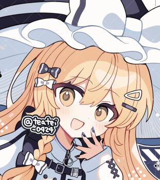 1girl :d black_bow black_hat black_nails blonde_hair blush bow braid commentary_request dot_nose double-parted_bangs frilled_hat frills hair_between_eyes hair_bow hair_ornament hairclip hand_up hat hat_bow kirisame_marisa long_hair long_sleeves looking_at_viewer nail_polish open_mouth portrait shirocha_tei shirt single_braid smile solo touhou twitter_username watermark watermark_grid white_bow white_shirt yellow_eyes zipper