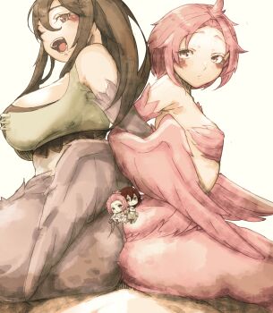 1boy 2girls absurdres bare_shoulders bird_legs blush breasts brown_eyes brown_feathers brown_hair brown_tank_top brown_wings buttjob censored character_censor chibi chibi_inset commentary_request cooperative_buttjob feathered_wings feathers harpy hetero highres kawahara0527 large_breasts locked_arms long_hair looking_at_viewer midriff mon-musu_quest! monster_girl multiple_girls novelty_censor open_mouth pii_(mon-musu_quest!) pina_(mon-musu_quest!) pink_feathers pink_wings pov siblings simple_background sisters small_breasts tank_top teamwork_(sexual) teeth tongue white_background winged_arms wings