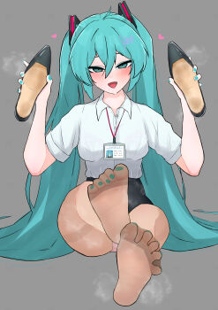 1girl absurdres blue_eyes blue_hair blush feet hatsune_miku highres holding holding_shoes holding_unworn_clothes lanyard long_hair looking_at_viewer marubanu office_lady open_mouth panties panties_under_pantyhose pantyhose pantyshot shoes soles steam toes twintails underwear unworn_shoes vocaloid