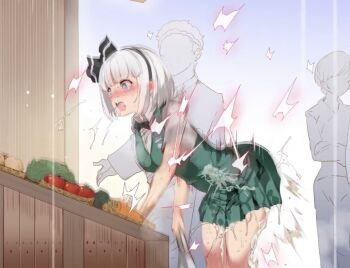 1boy 2girls ^^^ ahegao bad_source bag bent_over black_bow black_bowtie black_hairband black_ribbon blunt_bangs blush bow bowtie breasts carrot clothed_sex collared_shirt commentary_request crying cum cumdrip drooling ejaculation excessive_cum excessive_pussy_juice faceless faceless_male female_ejaculation female_ejaculation_through_clothes female_orgasm food from_side green_skirt green_vest hair_ribbon hairband highres holding holding_bag internal_cumshot konpaku_youmu leaning_forward long_sleeves miniskirt motion_blur motion_lines multiple_girls nose_blush nyuu_(manekin-eko) onion open_mouth orgasm partially_colored pleated_skirt pussy_juice ribbon saliva saliva_trail sex sex_from_behind shirt shopping_bag short_hair short_sleeves skirt skirt_set small_breasts solo_focus sound_effects standing sweat tearing_up tears time_stop tomato touhou trembling twitching vegetable vest wet wet_clothes wet_skirt white_hair white_shirt