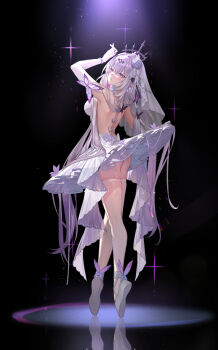 1girl absurdres alternate_costume arm_up ass backless_dress backless_outfit ballerina ballet ballet_slippers black_background black_tiara bright_pupils bug butterfly castorice_(honkai:_star_rail) dancer dress dress_flower elbow_gloves en_pointe flower full_body garter_straps gloves grey_hair hair_flower hair_ornament highres honkai:_star_rail honkai_(series) insect long_hair looking_at_viewer multicolored_hair parted_lips pointy_ears purple_butterfly purple_eyes purple_hair simple_background solo thighhighs tiara veil very_long_hair white_dress white_flower white_garter_straps white_gloves white_pupils white_thighhighs white_veil yolanda