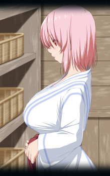 Rule 34 | 1girl, basket, breasts, expressionless, from side, highres, indoors, japanese clothes, kimono, large breasts, long sleeves, medium hair, nori tamago, onsen, pink eyes, pink hair, saigyouji yuyuko, solo, touhou, undressing, upper body, white kimono