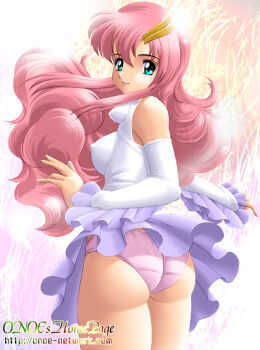 1girl ass bare_shoulders breasts covered_erect_nipples detached_sleeves dress female_focus green_eyes gundam gundam_seed hair_ornament lacus_clyne large_breasts long_hair looking_at_viewer onoe panties pink_hair pink_panties shiny_skin sideboob skirt smile solo underwear very_long_hair