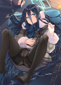 1girl arikawa_satoru aris_(blue_archive) black_hair black_pantyhose blue_archive blue_eyes coat commentary_request hair_between_eyes halo highres indoors long_hair looking_at_viewer lying no_shoes on_back panties panties_under_pantyhose pantyhose scarf solo toes underwear very_long_hair winter_clothes