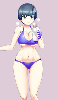 absurdres bloomers blue_bloomers blue_eyes blue_gloves blue_hair blue_panties blue_sports_bra blunt_bangs blush bottle breasts cleavage commentary_request fingerless_gloves flower gloves gluteal_fold hair_flower hair_ornament highres holding holding_bottle jeaike_art looking_at_viewer navel panties senran_kagura senran_kagura_shinovi_versus sideboob smile sports_bra underboob underwear yozakura_(senran_kagura)