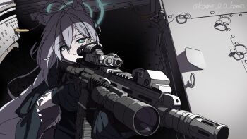1girl ahoge aiming animal_ear_fluff animal_ears assault_rifle black_dress black_gloves blue_archive blue_halo cross_hair_ornament double-parted_bangs dress gloves green_eyes grey_hair gun hair_between_eyes hair_ornament halo highres holding holding_gun holding_weapon kame_0_0_kame long_hair looking_through_scope rifle shiroko_terror_(blue_archive) signature solo weapon weapon_request wide_sleeves wolf_ears