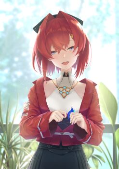 1girl absurdres ange_katrina ange_katrina_(2nd_costume) belt black_bow black_skirt blue_eyes blurry blurry_background bow collared_halterneck collared_shirt commentary crossed_bangs gold_necklace hair_between_eyes hair_bow hair_intakes hair_ornament half-closed_eyes halter_shirt halterneck head_tilt high-waist_skirt highres holding holding_hair_ornament jacket jewelry light_blush light_particles lips long_sleeves looking_at_viewer mafupen medium_hair necklace nijisanji open_mouth partially_open_jacket plant pleated_skirt red_hair red_jacket sanbaka_(nijisanji) shirt skirt solo straight-on teeth triangle_hair_ornament upper_body upper_teeth_only virtual_youtuber white_belt white_shirt