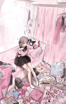 1girl absurdly_detailed_composition backpack bag bandaid bandaid_on_leg black_choker black_nails black_skirt blood blood_on_arm blood_on_clothes blood_on_leg blood_stain bouquet breasts brown_hair can cellphone center-flap_bangs choker commentary_request cosmetics couch crazy curtains drink_can drinking_straw flower from_above gauze gauze_on_leg hair_ornament hair_straightener hairclip heart highres holding holding_phone indoors jirai_kei kanju kuromi loaded_interior long_hair magazine_(object) medium_breasts messy_room nail_polish nintendo_switch no_shoes off-shoulder_shirt off_shoulder on_couch onegai_my_melody open_mouth original outstretched_arm paper phone pink_eyes pink_shirt power_strip sanrio selfie shirt sitting skirt smartphone socks solo tissue_box trash_can two_side_up white_socks