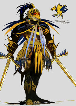 absurdres armor dated dual_wielding gen_2_pokemon grey_background helmet highres holding mega_skarmory nintendo personification pokemon pokemon_(creature) reference_inset reflection signature skarmory sukepmonster sword weapon