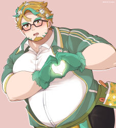 Rule 34 | 1boy, bara, belly, blush, facial hair, flower, glasses, goatee, green hair, hair flower, hair ornament, heart, heart-shaped boob challenge, heart hands, highres, hippolytus (housamo), jacket, large pectorals, looking at viewer, male focus, medium sideburns, multicolored hair, pectorals, pump, short hair, sideburns stubble, solo, streaked hair, stubble, thick eyebrows, tokyo houkago summoners, track jacket, two-tone beard, yu062424