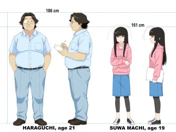 1boy 1girl antenna_hair black_leggings blue_shirt blue_skirt blunt_bangs breast_pocket brown_hair brown_shoes chest_height denim denim_skirt from_side full_body genshiken haraguchi height_chart height_difference highres hood hoodie jimiko kano_kino leggings leggings_under_skirt long_hair long_sidelocks multiple_views notepad original otaple pencil pink_hoodie pocket reference_sheet round_eyewear shirt shoes short_hair short_sleeves sidelocks skirt slip-on_shoes suwa_machi_(kano_kino)